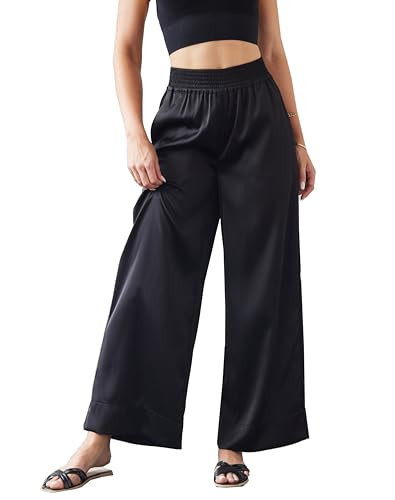 Women's Satin Wide Leg Palazzo Pants Silky Elastic Waist Party Nightout Dress Casual Slacks Flowy Pants Black | Amazon (US)