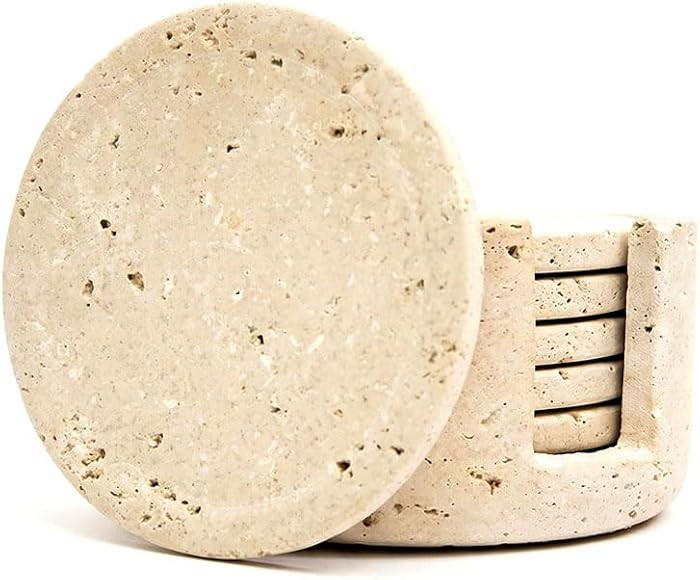 Travetine Round Marble Coasters Set of 6 with Holder, 3.5 Inch Drink Coasters for Tabletop and Co... | Amazon (US)