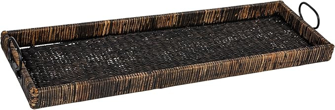 Creative Co-Op Black Rattan & Wood Tray with Handles | Amazon (US)