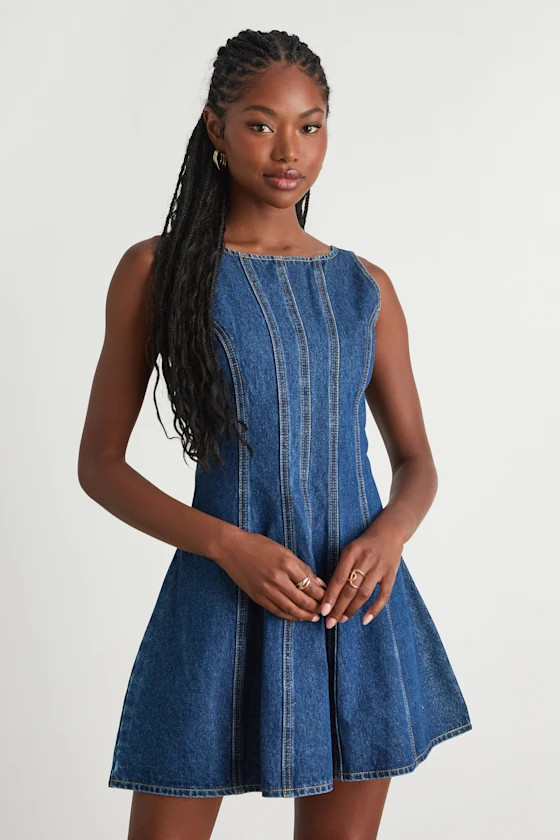 Marchella Dark Wash Denim Seamed Mini Dress | Lulus
