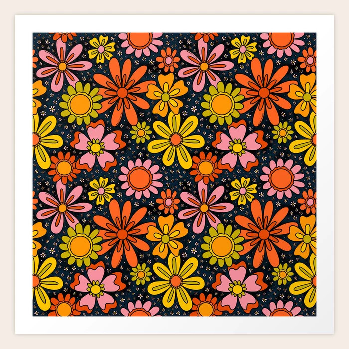 Groovy Flowers in Navy Art Print | Society6