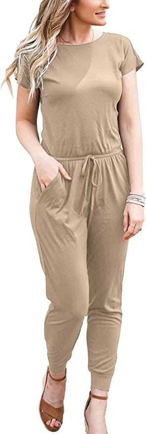 DouBCQ Womens Casual Short Sleeve Jumpsuits Elastic Waist Jumpsuit with Pockets | Amazon (US)