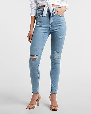 Super High Waisted Medium Wash Ripped Raw Hem Skinny Jeans | Express