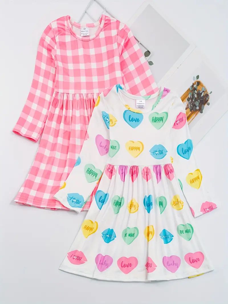 2pcs Girls Hearts Pattern And Plaid Pattern Long Sleeve Dress For Spring Fall Valentine's Day | Temu Affiliate Program