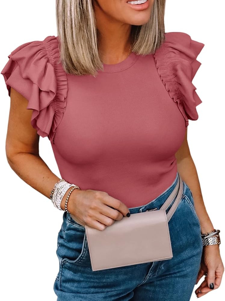 Womens Ruffle Short Sleeve Shirts Slim Fit High Neck Knit Ribbed Tops | Amazon (US)