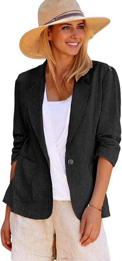2025 Summer Linen Blazer Women Lightweight 3/4 Stretchy Ruched Sleeve Fully-Lined Casual Work Jac... | Amazon (US)