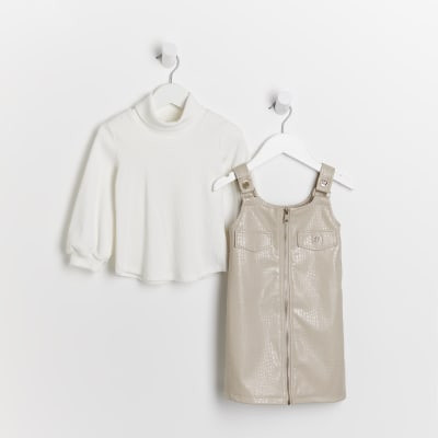 Mini girls cream faux leather dress outfit | River Island (UK & IE)