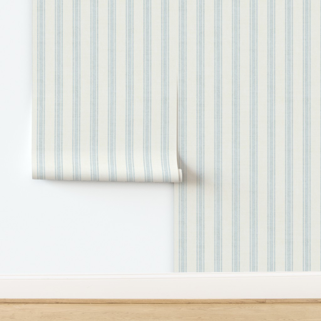 Wallpaper in Textured Linen French Provincial Mattress Ticking Stripe Bone Light Blue | Spoonflower