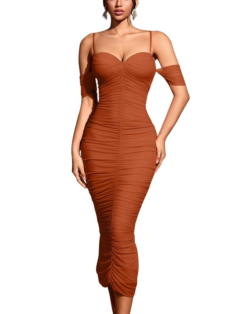 Women's Off The Shoulder Spaghetti Straps Ruched Mesh Elegant Formal Evening Midi Dress with Buil... | Amazon (US)