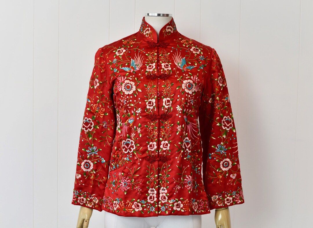 1950s Red Bird Floral Embroidered Asian Cheongsam Inspired Plum Blossoms Blouse Jacket Top | Etsy (US)