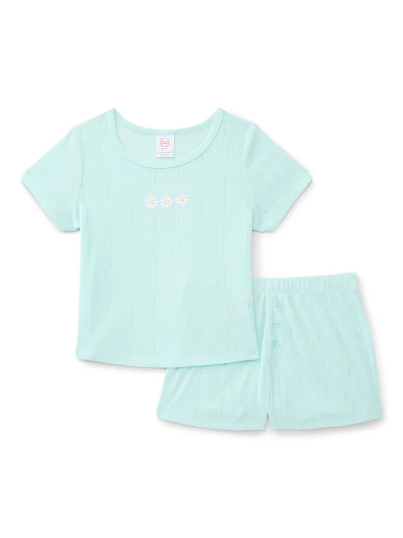 Wonder Nation Girls Pointelle Short Sleeve Top and Shorts Pajama Set, 2-Piece, Sizes 4-18 | Walmart (US)