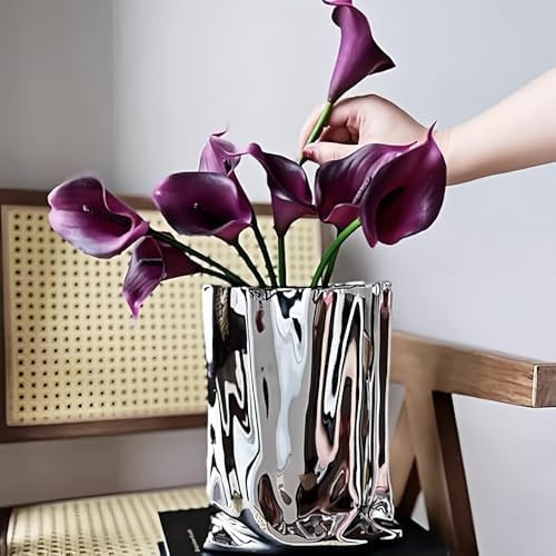Ceramic Flower Vase, Crinkle Paper Bag Shape, Silver Metal, Modern Home Decor (X-Large) | Amazon (US)