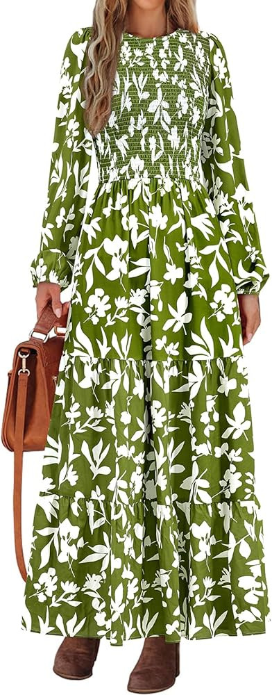 PRETTYGARDEN Women's Spring Dresses 2026 Long Sleeve Flowy Casual Floral Maxi Dress Crew Neck Smo... | Amazon (US)