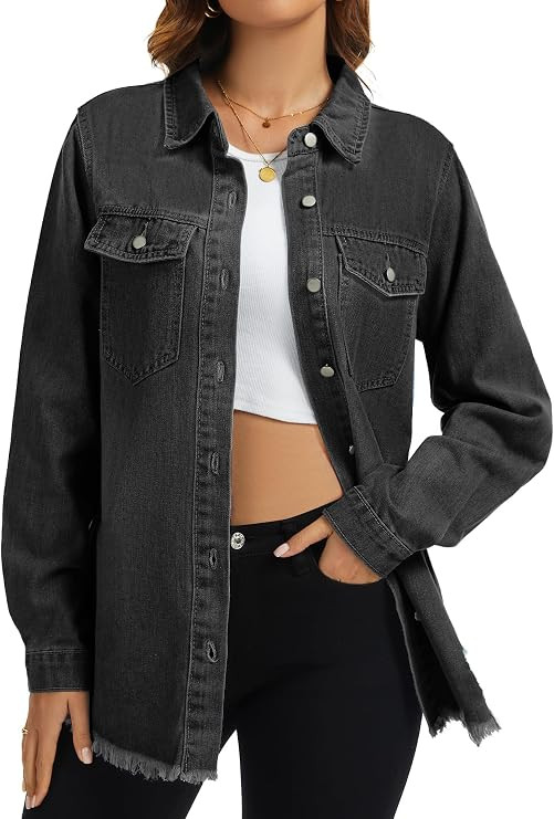 Bosmeer Women's Oversized Jean Jacket Casual Long Sleeve Denim Shirts Distressed Frayed Hem Denim... | Amazon (US)