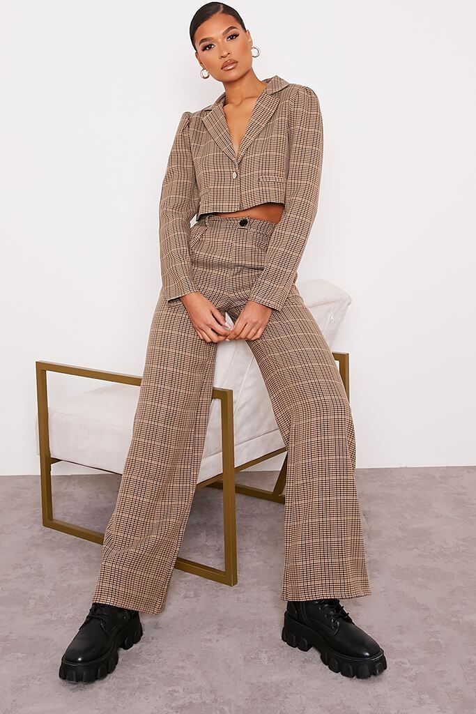Brown Checked Wide Leg Trousers | ISAWITFIRST