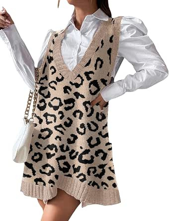 Zeagoo Womens Sweater Vest Dress Pattern Knitted Pullovers Sweaters V Neck Tank Sweater Dress wit... | Amazon (US)