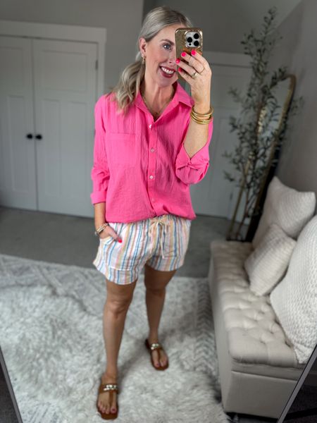 Daily try on, Walmart outfit, Walmart fashion, Walmart try on, time and tru, pink button down, striped linen shorts 

Medium in both!!

#LTKFindsUnder50 #LTKSeasonal #LTKStyleTip