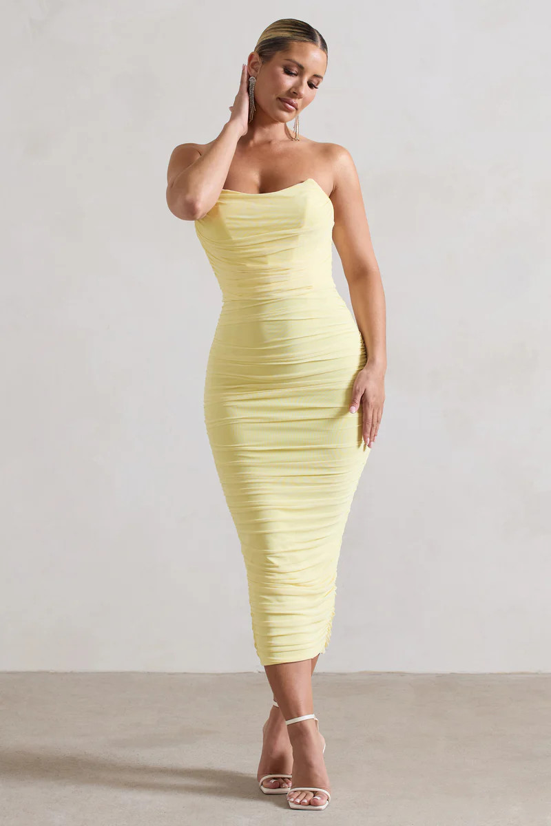 Nylah | Lemon Ruched Corset Bodycon Midi Dress | Club L London