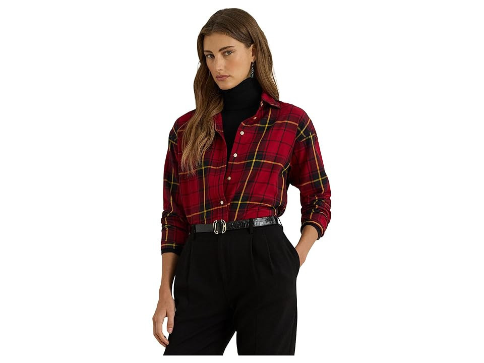 Lauren Ralph Lauren Petite Relaxed Fit Checked Plaid Cotton Shirt Women's Clothing Black/Red : PL | Zappos