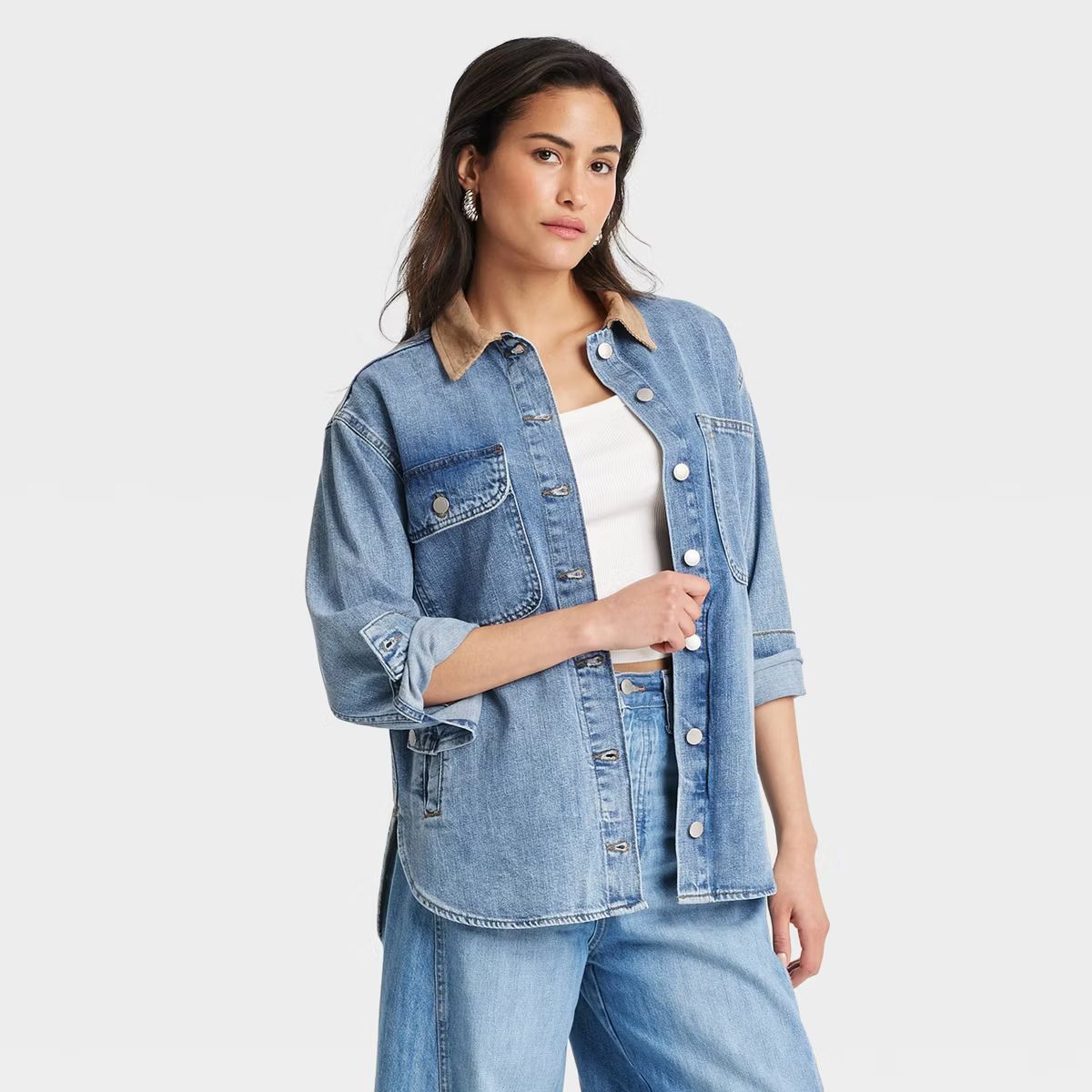 Women's Long Sleeve Denim Shacket - Universal Thread™ Blue XL | Target