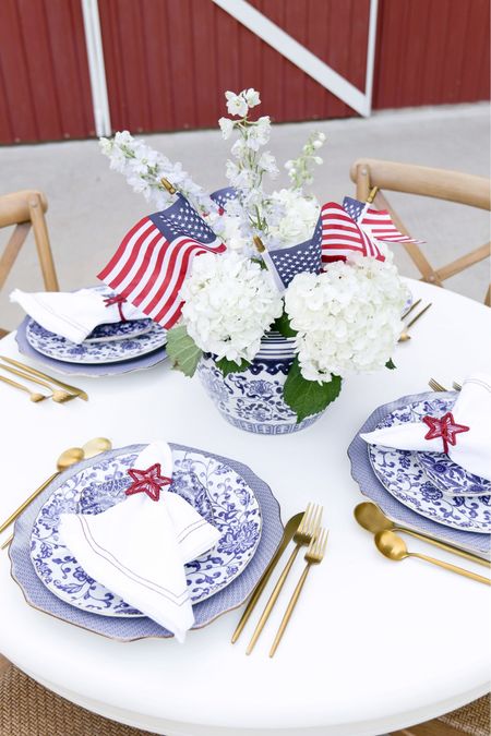 A 4th of July tablescape is the perfect way to celebrate this Independence Day. With the right decorations, you can create a festive and inviting atmosphere for your guests. Add a centerpiece to your table for an extra special touch. Red, white and blue centerpieces can be as simple as an arrangement of candles or as elaborate as a bouquet of flowers. You can even purchase pre-made centerpieces or make one yourself using items such as American flags, star-shaped balloons, and sparklers. For these patriotic table centerpieces, I did a matching blue and white pot from Williams-Sonoma that will double with a plant after the holiday. I filled it with white hydrangeas and small American flags. This was a very simple centerpiece to do and is right on the theme! One thing to be wiery of is hydrangeas get hot and can die quickly because of that, so be sure to purchase the day before or the day off and to spray them with water before taking them outside so they stay plenty wet and hydrated.


#LTKHome #LTKSeasonal #LTKParties