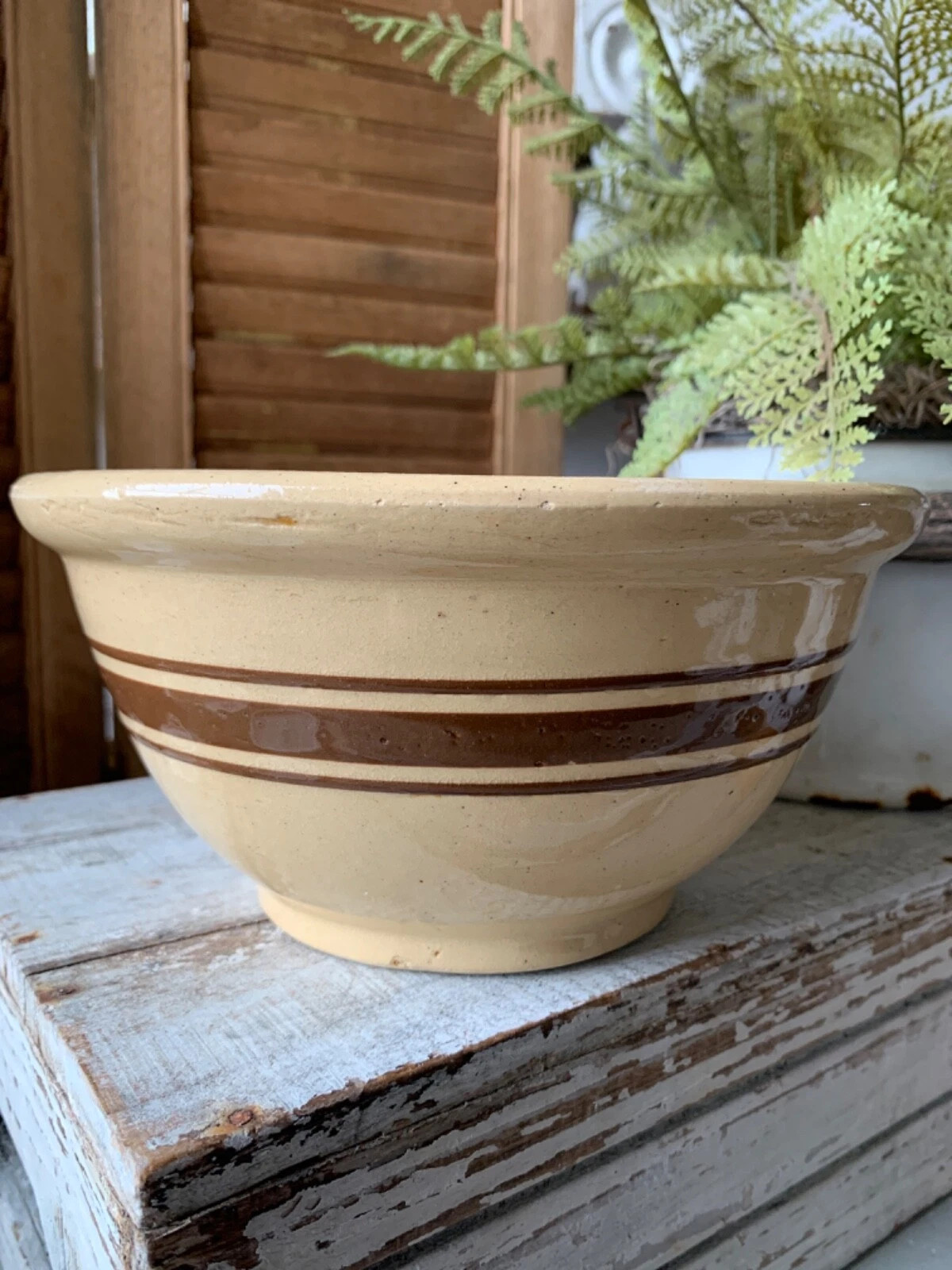 Vintage YELLOW WARE Mixing Bowl BROWN & WHITE Stripes Farmhouse Primitive Shabby | eBay US