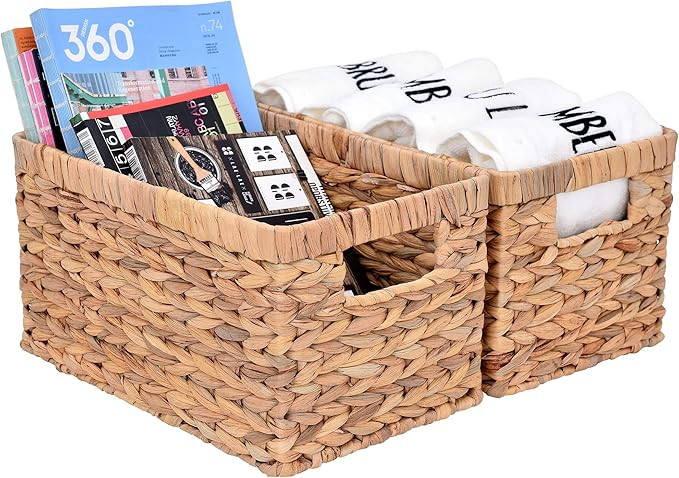 StorageWorks Water Hyacinth Storage Baskets, Rectangular Wicker Baskets with Built-in Handles, Me... | Amazon (US)