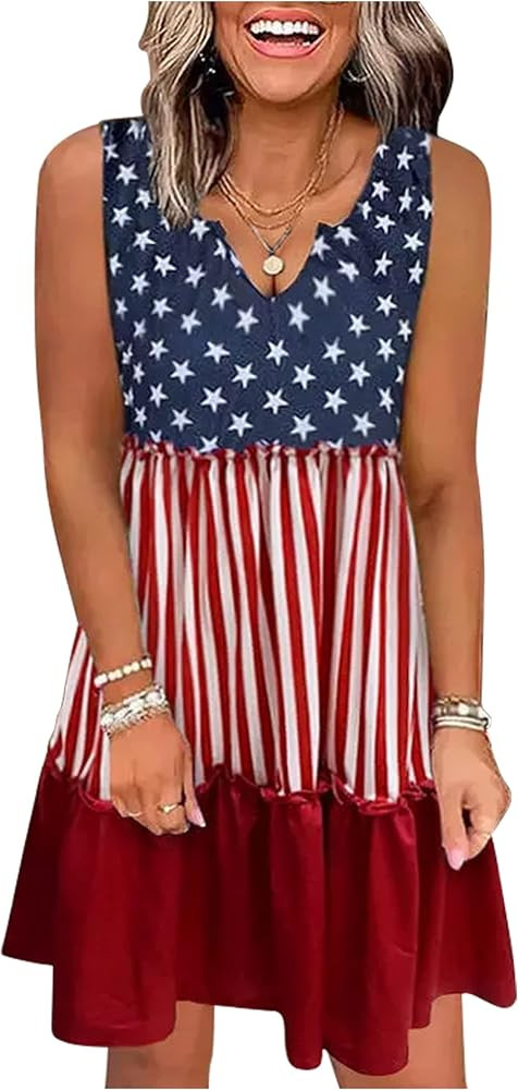 CHUNTIANRAN American Flag Star Vertical Striped Ruffled Mini Dress Women 4th of July Patriotic Dr... | Amazon (US)