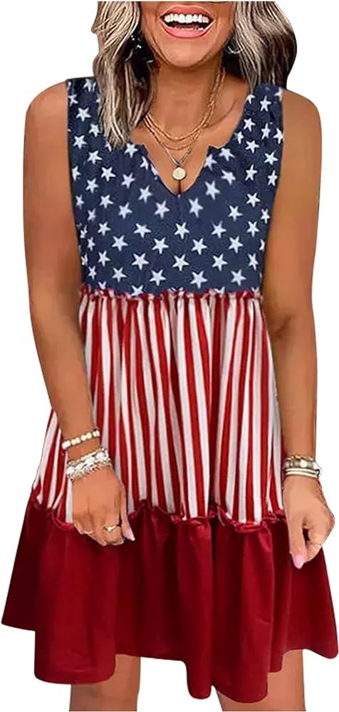 CHUNTIANRAN American Flag Star Vertical Striped Ruffled Mini Dress Women 4th of July Patriotic Dr... | Amazon (US)