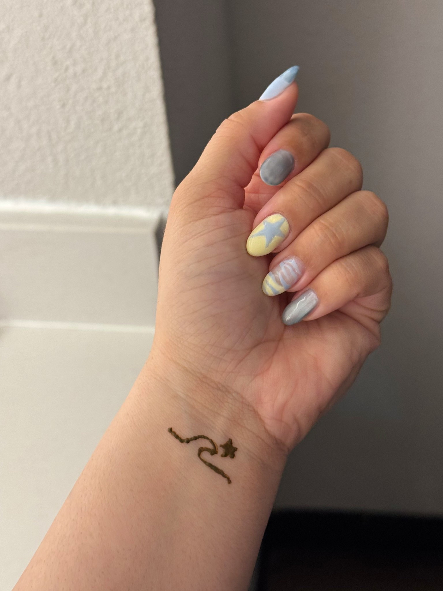 MARCH NAILS - INSPO 💅 

DIY by me: gel tips nails
Blue & Yellow nails with kateye style design

Henna tattoo- Zenia brand on Amazon 

#LTKstorytime #LTKBeauty #LTKselfcare