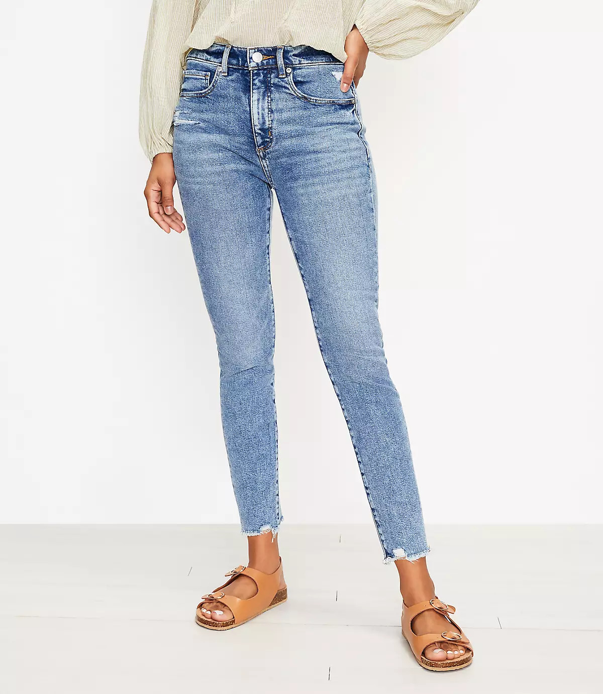 The Frayed High Waist Skinny Ankle Jean in Pure Mid Indigo Wash | LOFT