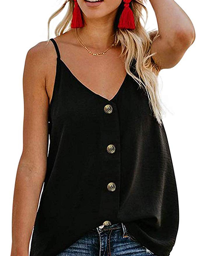 Women V Neck Button Down Strappy Tank Top Adjustable Spaghetti Strap Sleeveless Camisole Loose Bl... | Amazon (US)