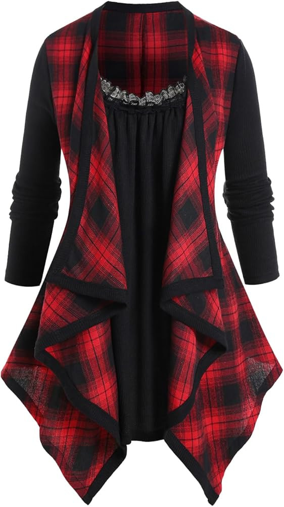ROSE GAL Women Plus Size Lace Trim Draped Plaid Long Sleeves 2 in 1 Top Twofer Top Asymmetric T-S... | Amazon (US)