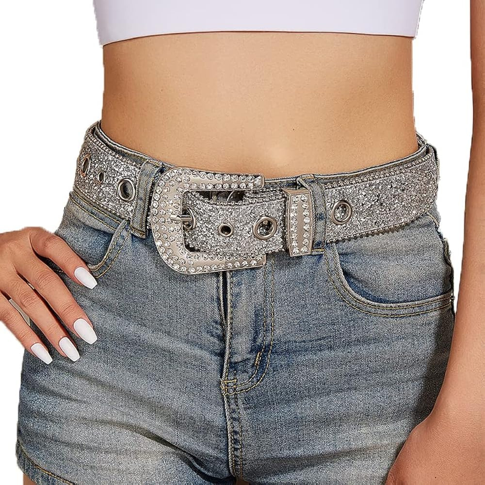 Silver Rhinestone Belt Western Cowgirl Cowboy Belts Vintage Bling Crystal Studded Leather Belt fo... | Amazon (US)