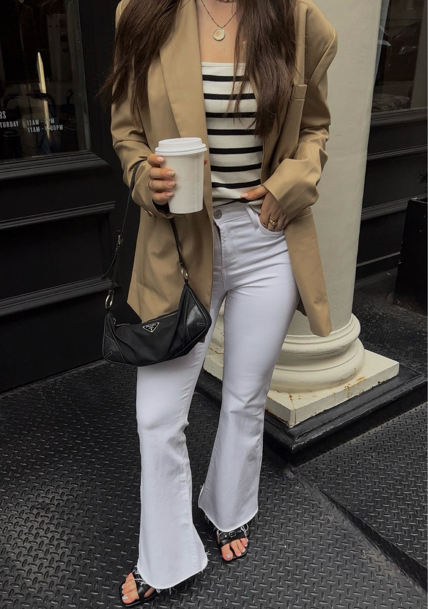 Neutral outfit inspiration 
Neutral style, beige blazer, blazer style, Prada bag, striped top, flared jeans, white jeans, outfit details, fall fashion, fall outfit inspo, Parisian style, workwear, business casual 

#LTKfindsunder100 #LTKworkwear #LTKCyberWeek