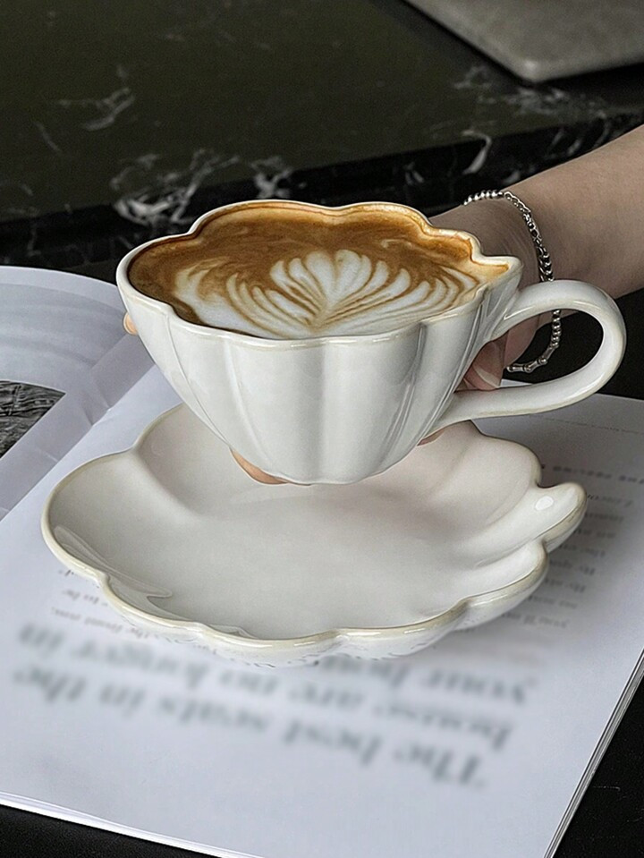 Trendy Designer Ceramic Coffee Cup Set, European Style White Cloud Shaped Ceramic With Floral Des... | SHEIN
