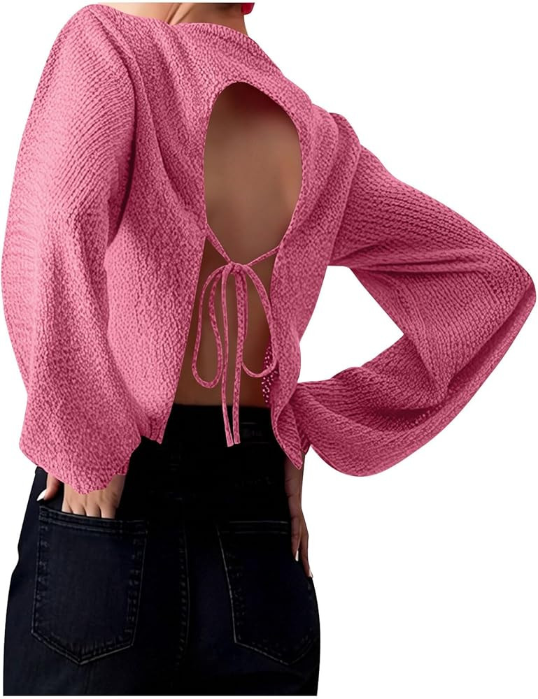 Womens Y2K Open Back Pullover Sweater Sexy Backless Tie Up Long Sleeve Going Out Knit Top 2025 Tr... | Amazon (US)