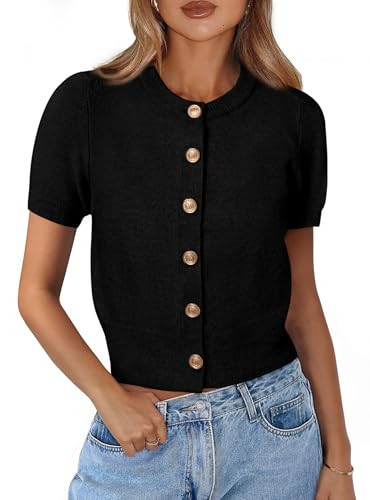 PRETTYGARDEN Womens Casual Summer Short Sleeve Cardigans 2026 Button Down Knitted Sweater Basic Crew Neck Crop Tops (Black,Small) | Amazon (US)