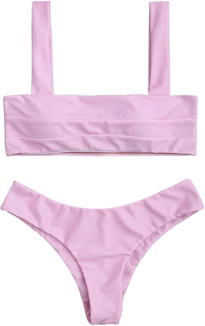 ZAFUL Women's Wide Straps Padded Bandeau Bikini Set Sexy Two Pieces Cheeky Swimsuit | Amazon (US)