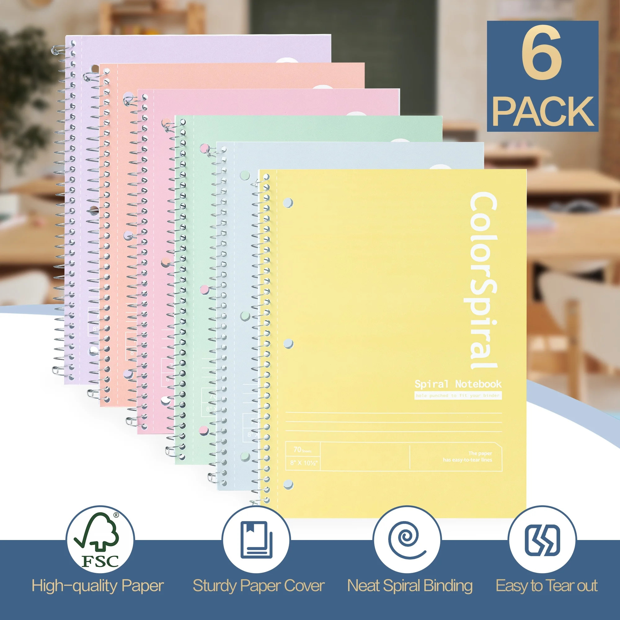 Deli Spiral Notebook 6 Pack, 1 Subject, College Ruled Paper, 8" x 10-1/2", Wide Ruled, 70 Sheets,... | Walmart (US)