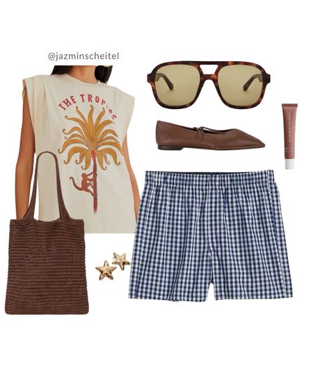 Brown inspired summer outfit, casual Pinterest girl aesthetic, gingham boxer short outfit 

#LTKstyletip #LTKSeasonal