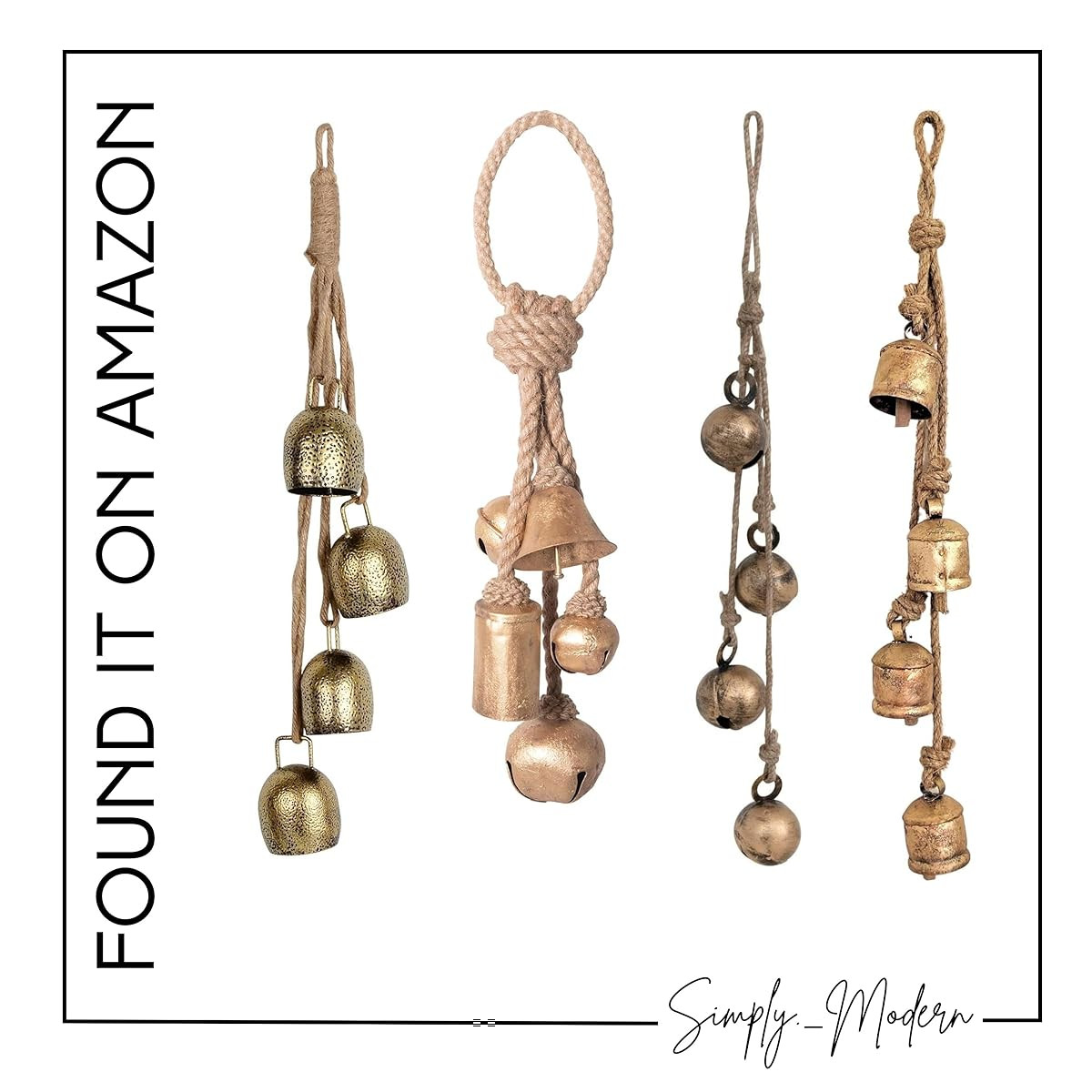 Creative Co-Op Decorative Metal Bells in Various Shapes on Jute Rope Hanger Wall Hanging, Gold, C... | Amazon (US)