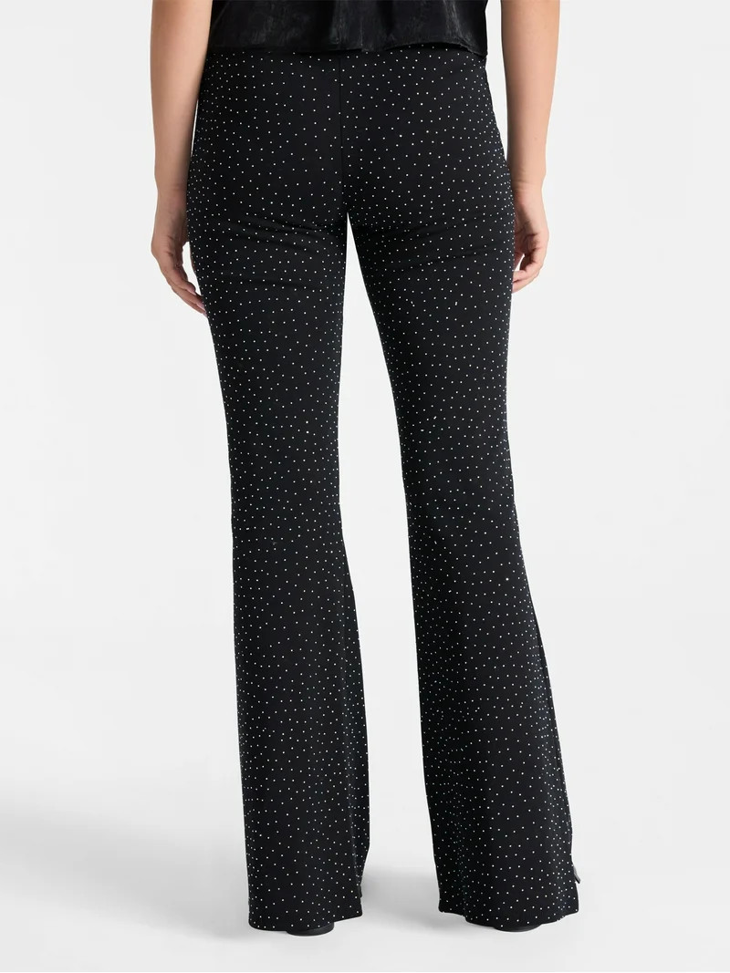 No Boundaries Faux Rhinestone Studded Ribbed Flare Pants, 31'' Inseam, Women's | Walmart (US)