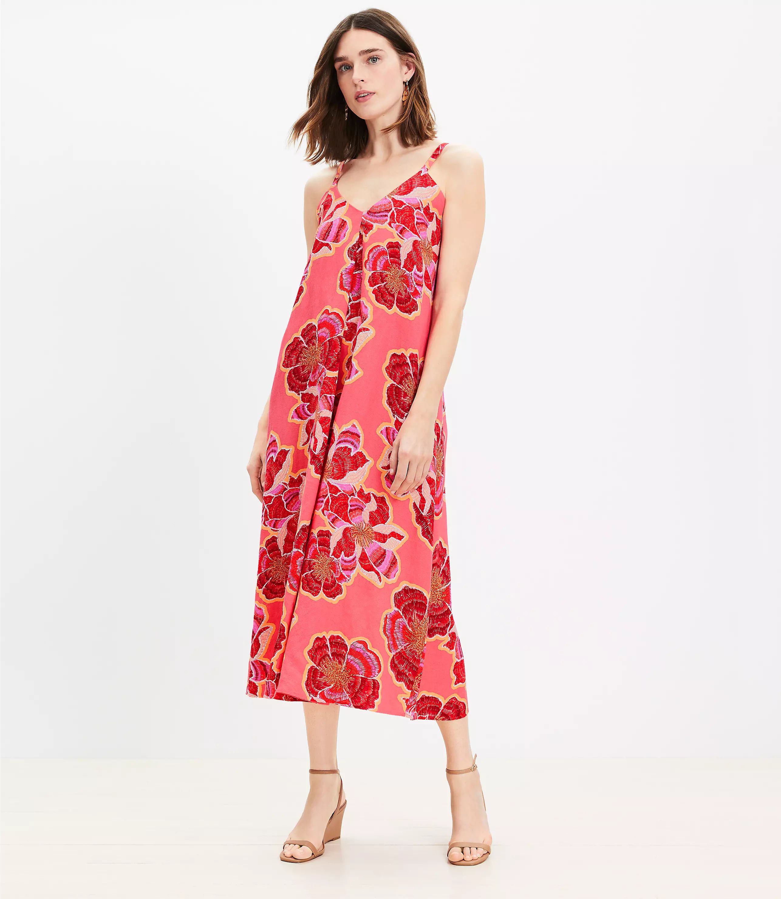 Textured Floral Linen Blend Strappy Maxi Dress | LOFT