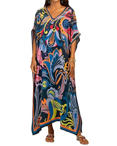Bsubseach Women Kaftan Dresses Ethnic Print V-neck Beach Cover Up Plus Size Caftan Loungewear Summer Swimsuit Coverup Blue | Amazon (US)