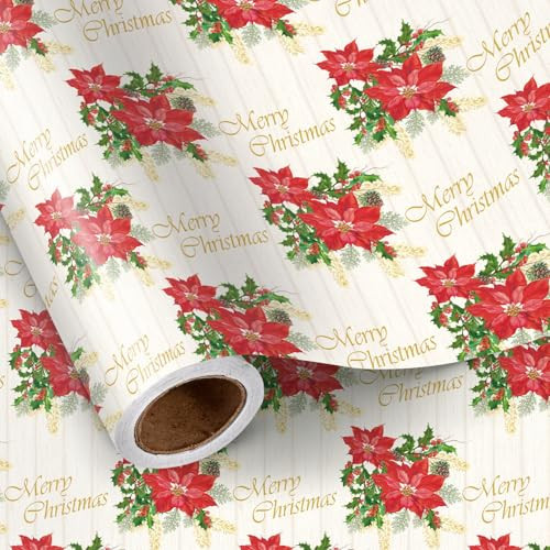 LeZakaa Poinsettia Christmas Wrapping Paper Roll, Red Poinsettia, Gold Merry Christmas Festive Design, for Holidays, Family Gatherings, Mini Roll 17 in x 16.4 Ft | Amazon (US)