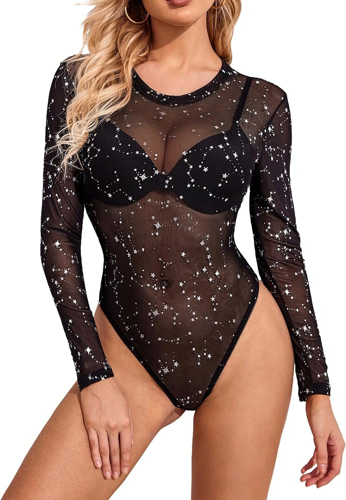 Avidlove Womens Mesh Long Sleeve Bodysuit Round Neck Sheer Leotards Geo Print Bodysuit Top with S... | Amazon (US)