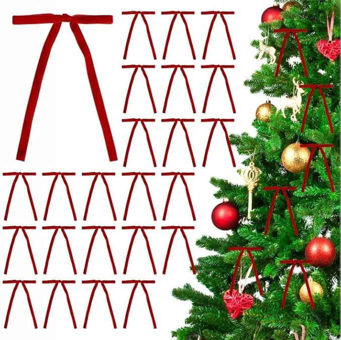 30 Pcs Velvet Bows for Christmas Tree, Elegant Dark Christmas Ornaments, 5x7 in (3/8") Pre-Tied R... | Amazon (US)