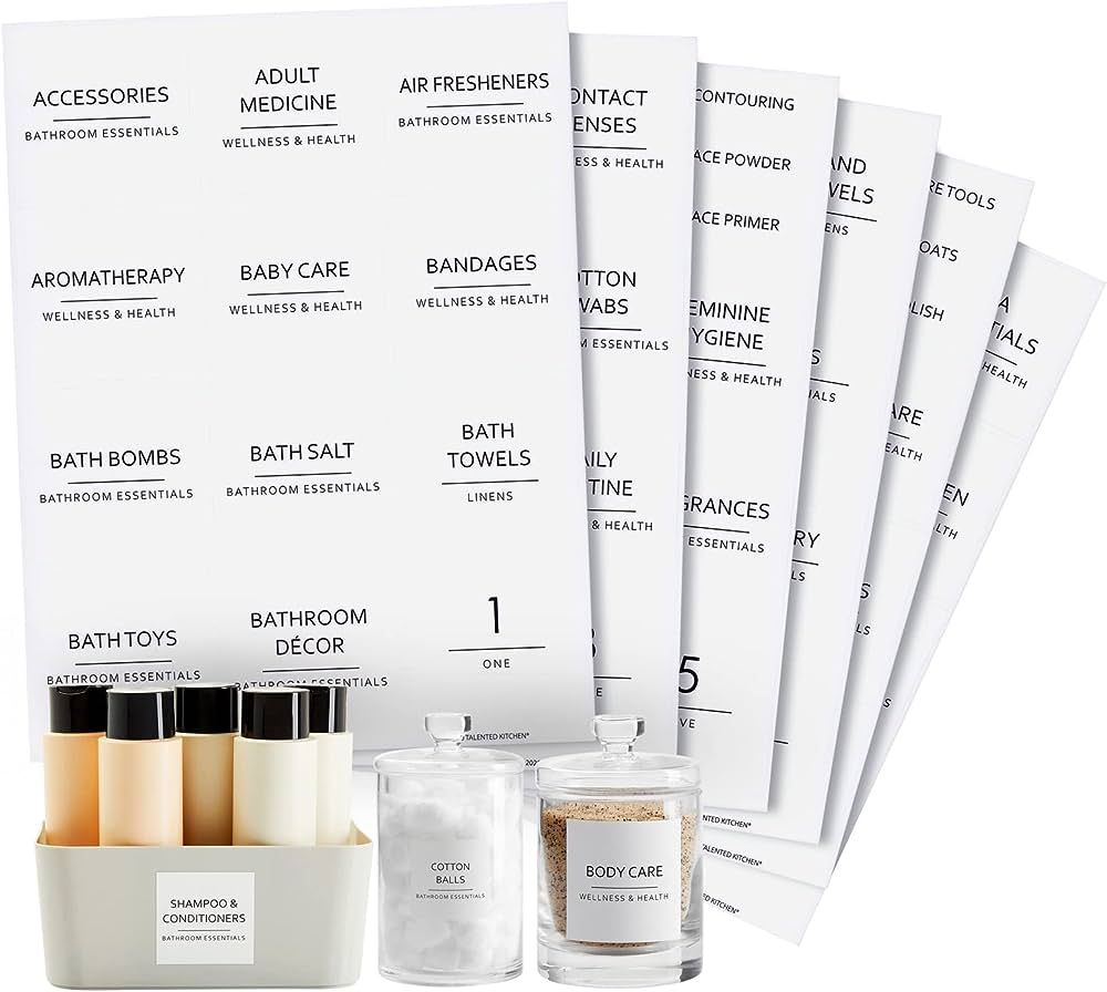 Talented Kitchen 174-Piece Set of Minimalist Bathroom Labels for Organizing Medicine Cabinets, Bl... | Amazon (US)