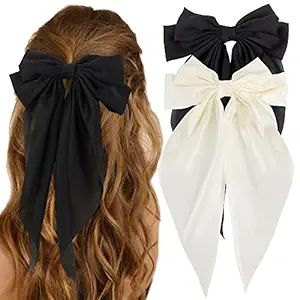 ATODEN Silky Satin Hair Bows 2Pcs Big Hair Bows for Women Hair Ribbons Oversized Long Tail White ... | Amazon (US)